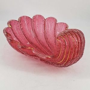 Unique Antique Heavy textured pink glass Shell trinket candy dish w/brass detail